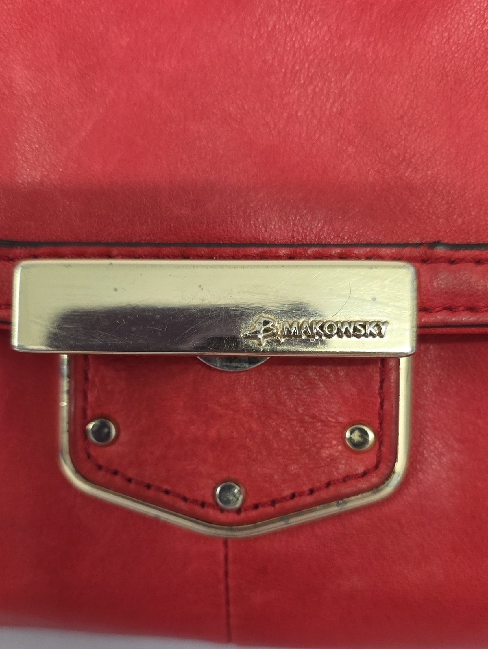 B. Makowsky Red Genuine Leather Shoulder Bag Gold Hardware Crossbody Purse - Picture 16 of 16